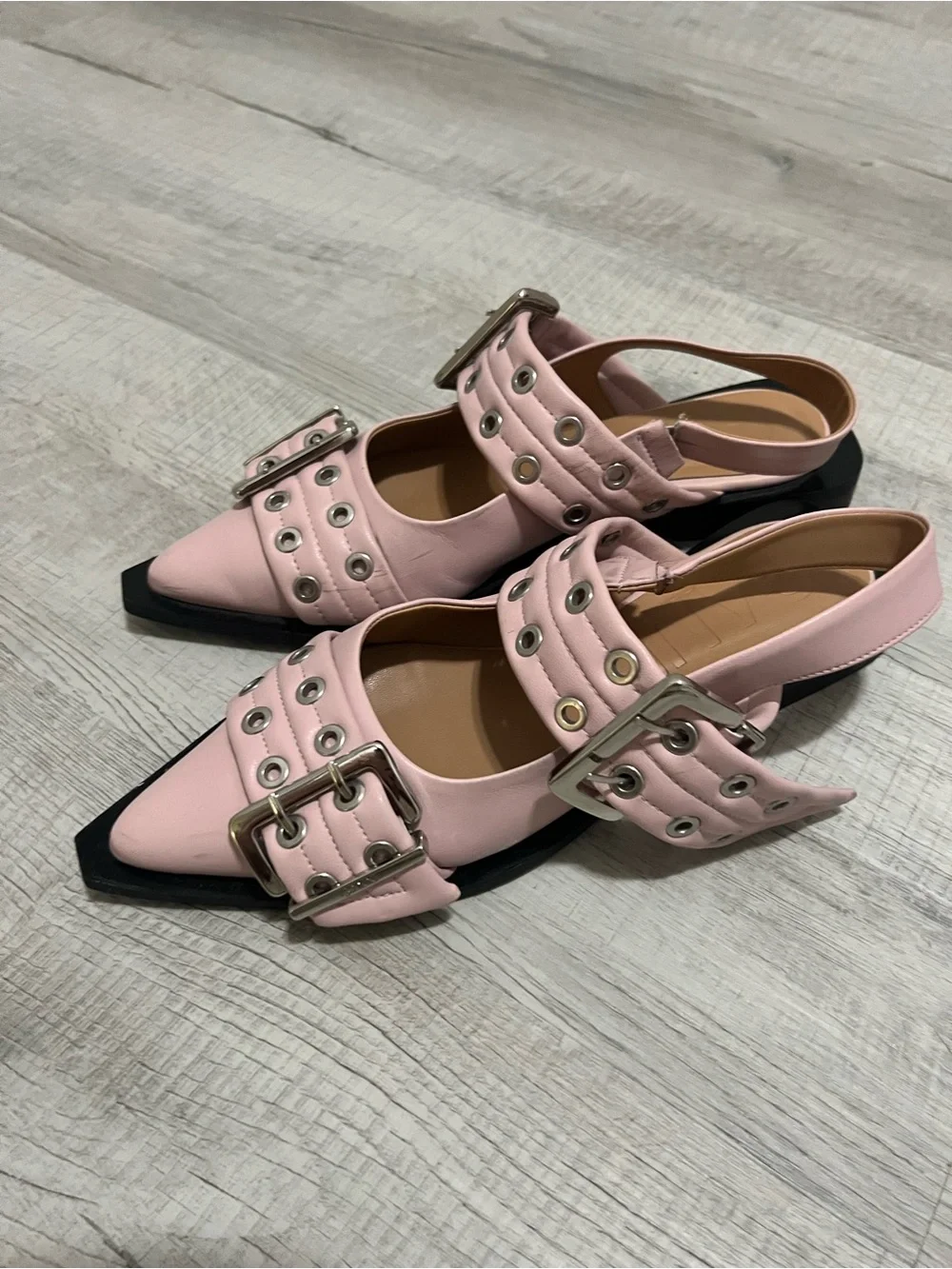 Ganni Pink Pointed Buckle Mary Jane Flats with Eyelet Details
